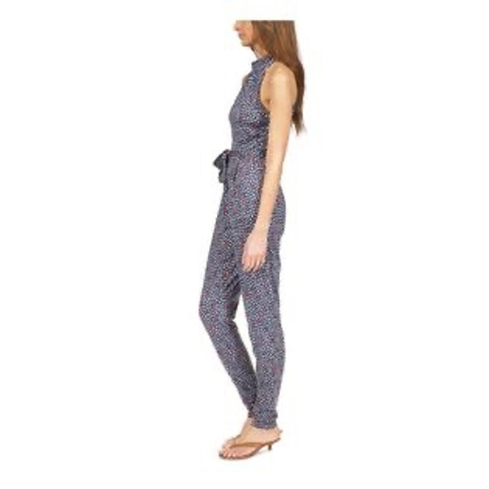MICHAEL KORS Womens Blue Pocketed Zippered Tie Belt Sleeveless Jumpsuit
